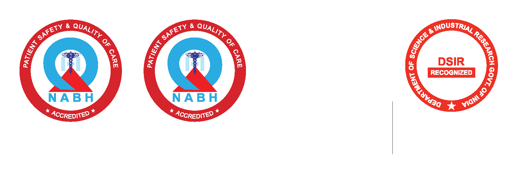 NABH accredited hospital and blood bank, NABL accredited laboratory M0926KL10400, DSIR recognised SIRO